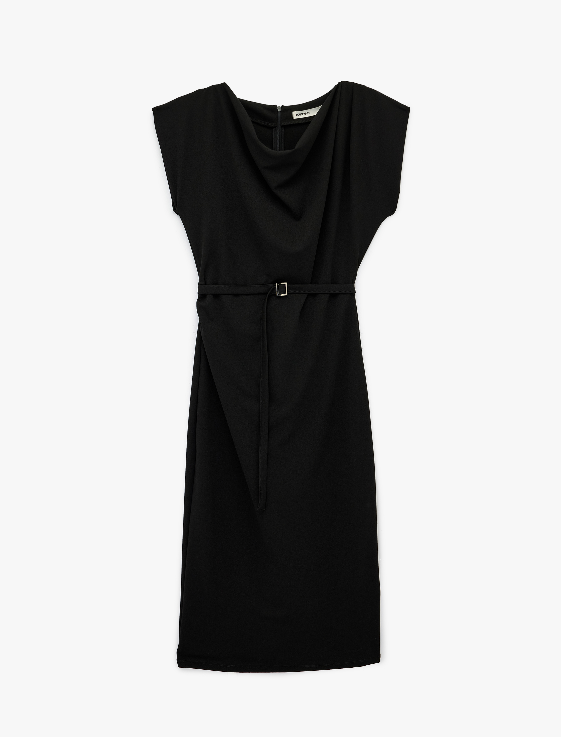   Krep Scuba Kumaş Degaje Yaka Kolsuz Kemerli Midi Elbise