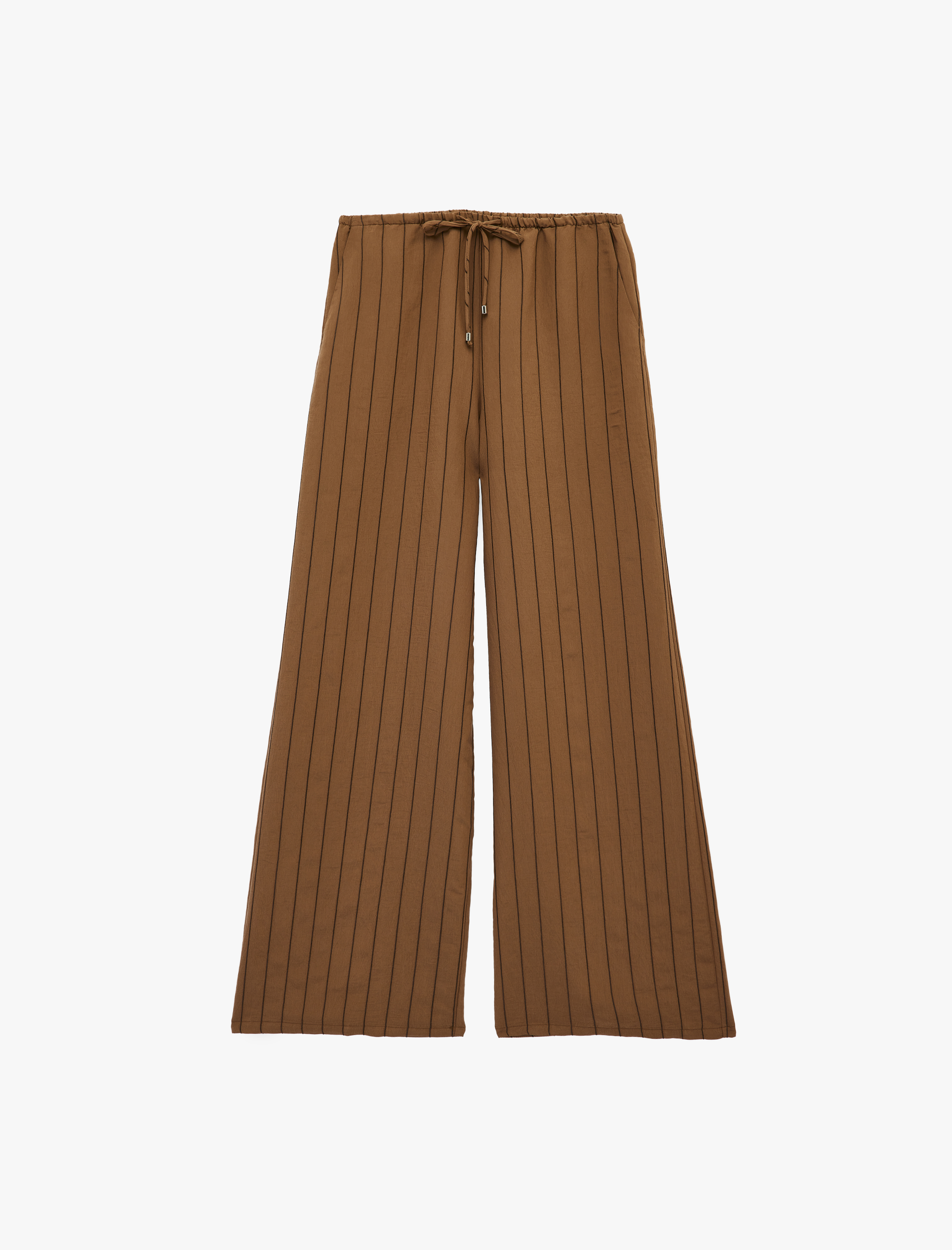   Beli Bağlamalı Modal Kumaş Cepli Geniş Paça Çizgili Pantolon