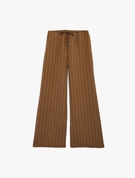 Beli Bağlamalı Modal Kumaş Cepli Geniş Paça Çizgili Pantolon