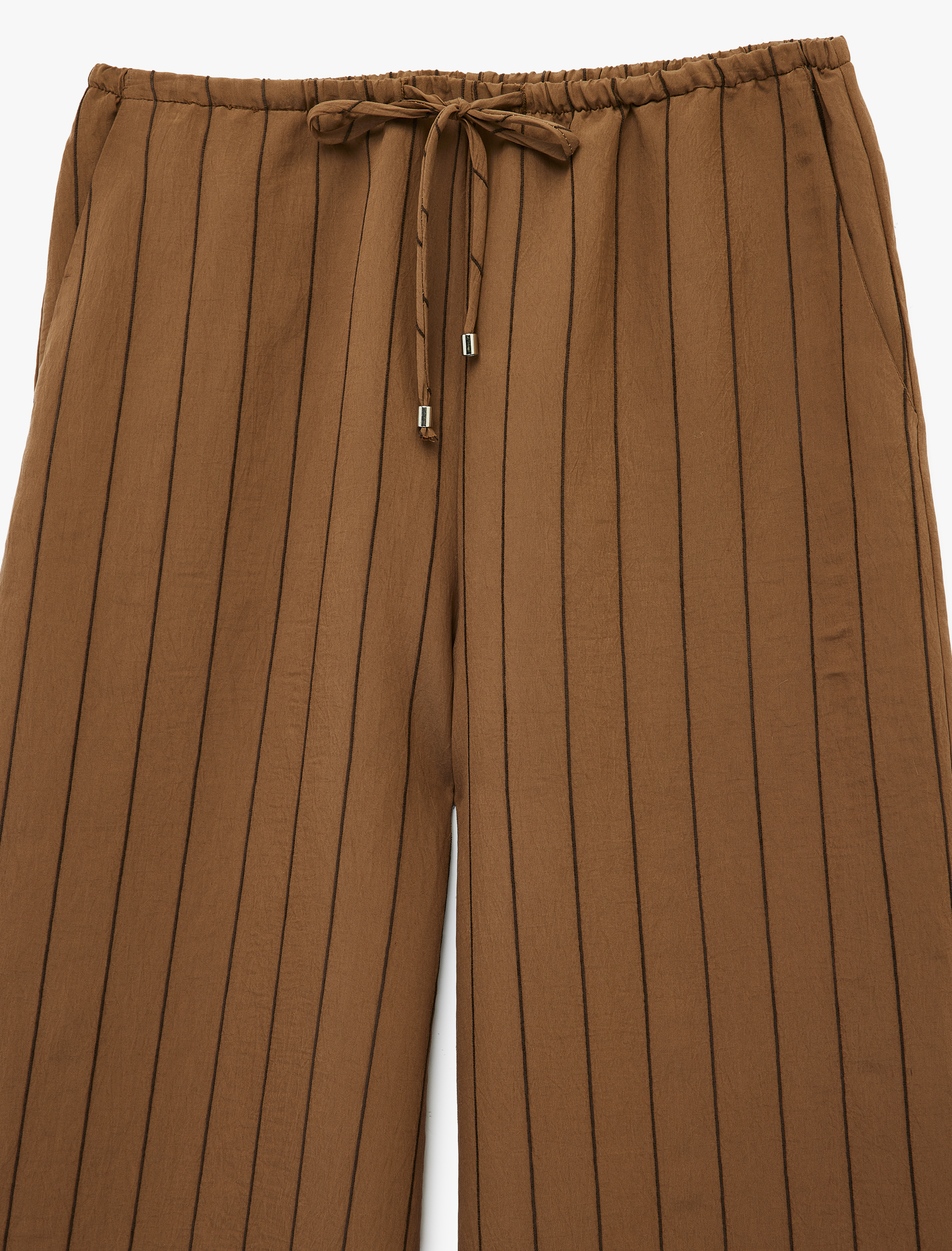   Beli Bağlamalı Modal Kumaş Cepli Geniş Paça Çizgili Pantolon