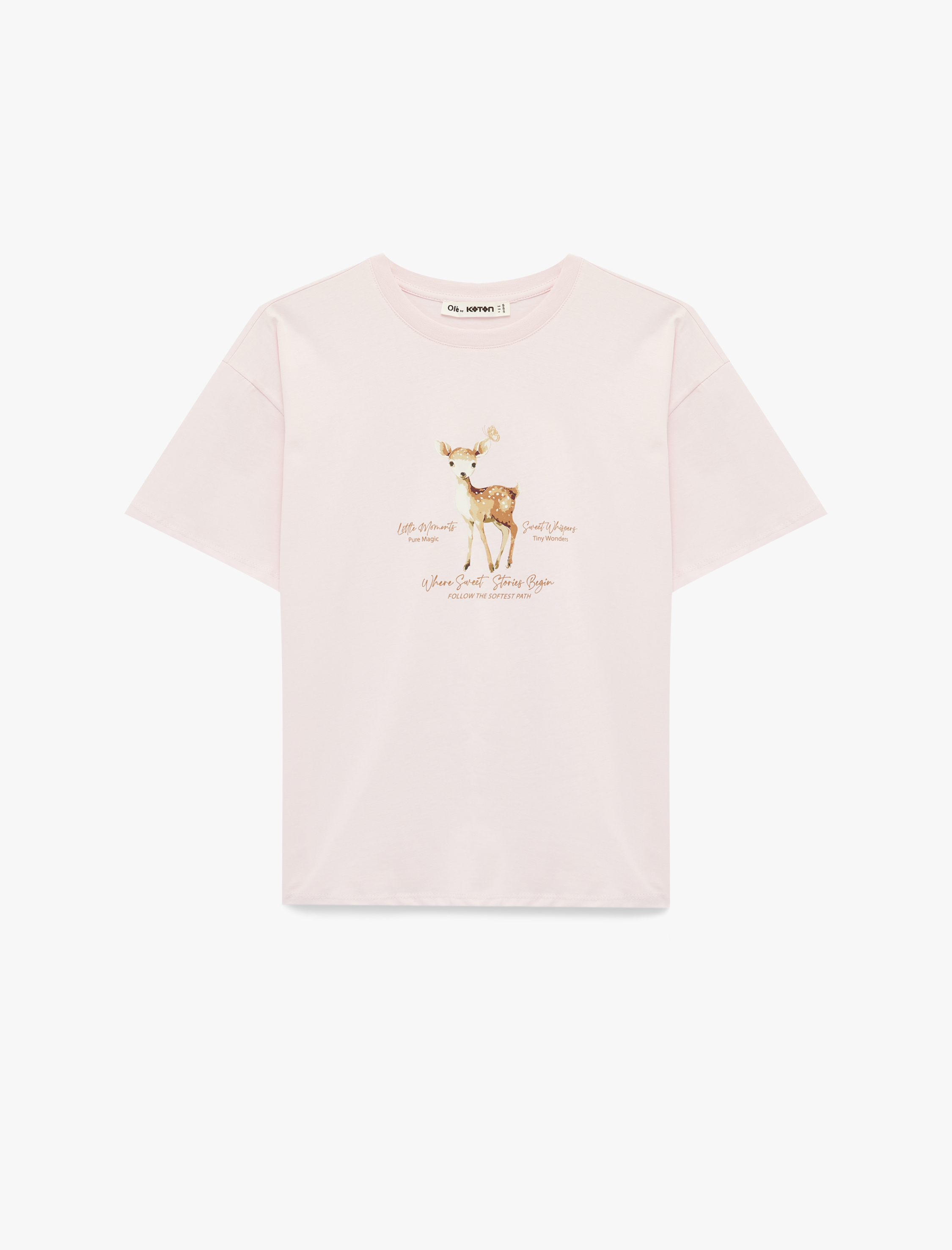   Rahat Kalıp Kısa Kollu Bisiklet Yaka Geyik Baskılı Pamuklu Tişört