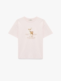 Rahat Kalıp Kısa Kollu Bisiklet Yaka Geyik Baskılı Pamuklu Tişört