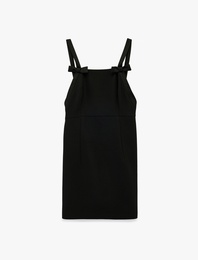 Kare Yaka Kalın Askılı Fiyonklu Saten Bodycon Mini Abiye Elbise