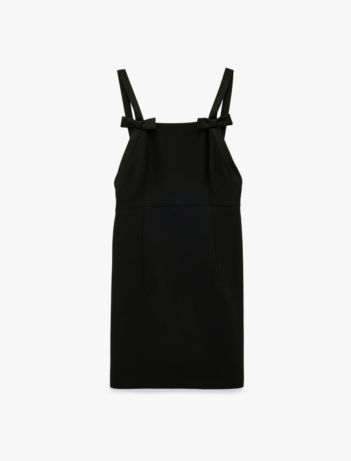  Kare Yaka Kalın Askılı Fiyonklu Saten Bodycon Mini Abiye Elbise