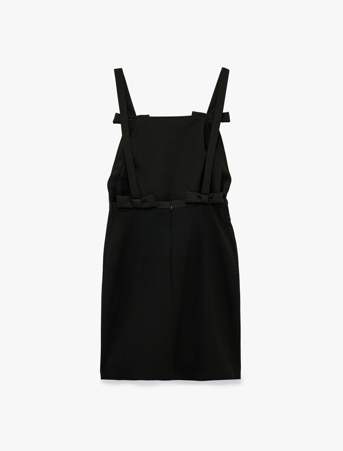  Kare Yaka Kalın Askılı Fiyonklu Saten Bodycon Mini Abiye Elbise