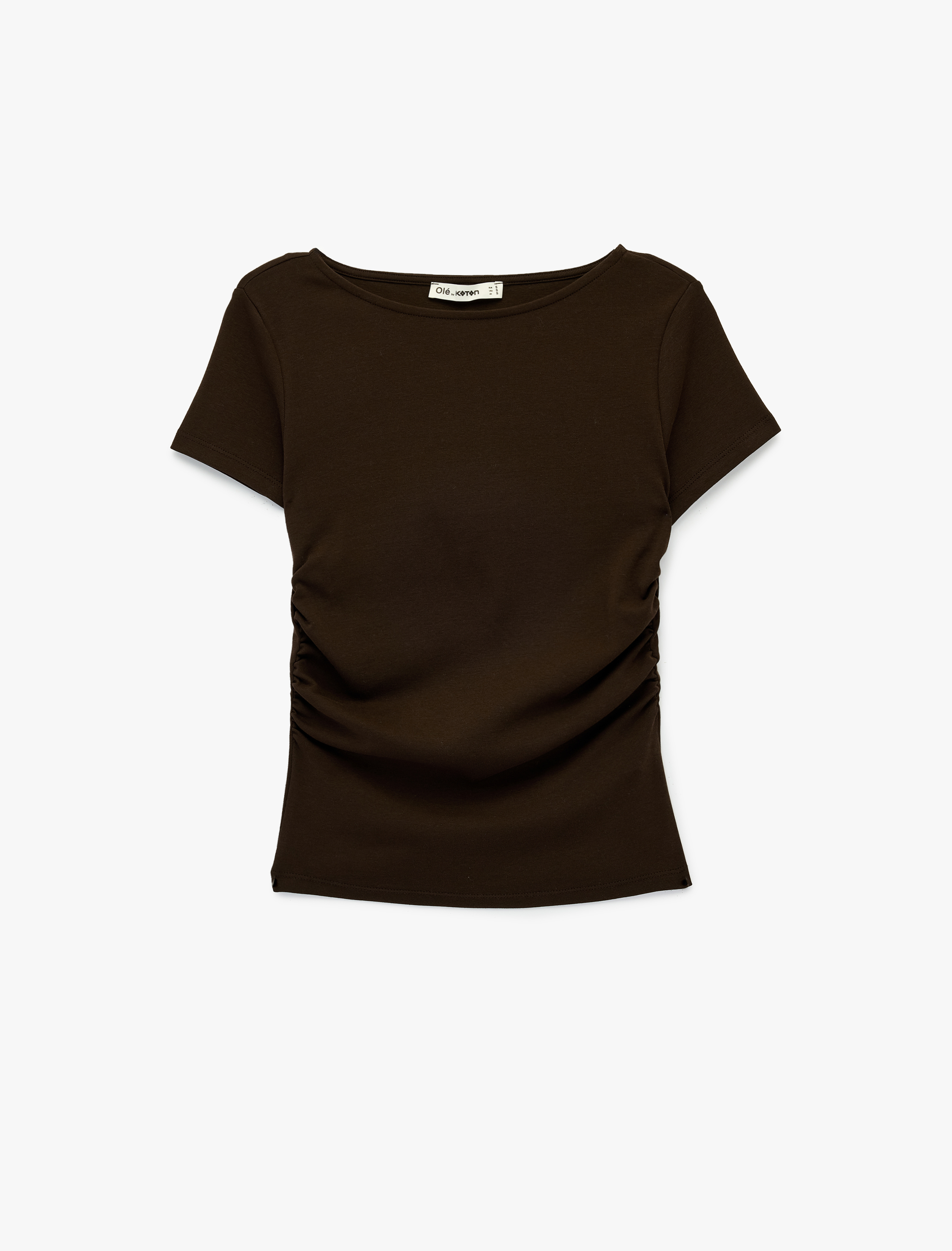   Slim Fit Drapeli Kısa Kollu Kayık Yaka Tişört