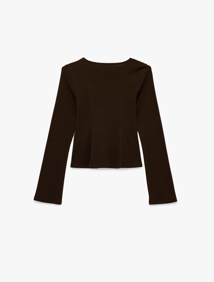  Pamuklu Uzun Kollu Kayık Yaka Slim Fit Peplum Tişört