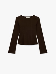 Pamuklu Uzun Kollu Kayık Yaka Slim Fit Peplum Tişört