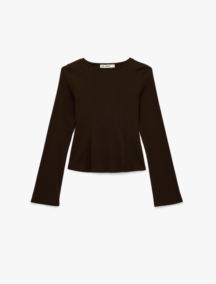  Pamuklu Uzun Kollu Kayık Yaka Slim Fit Peplum Tişört