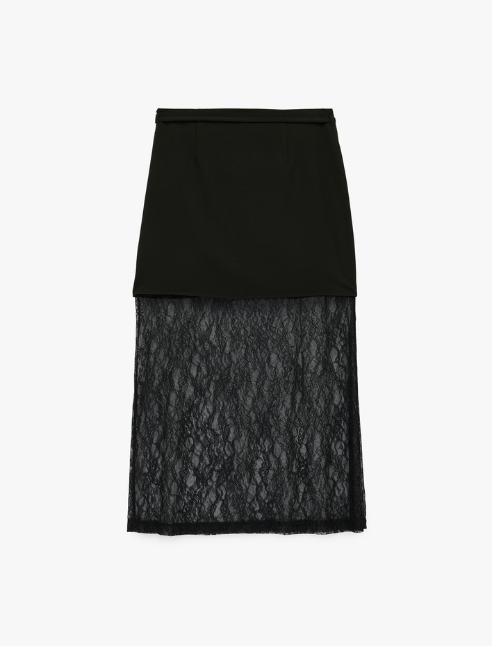  Bağlama Detaylı A Kesim Dantelli Midi Etek