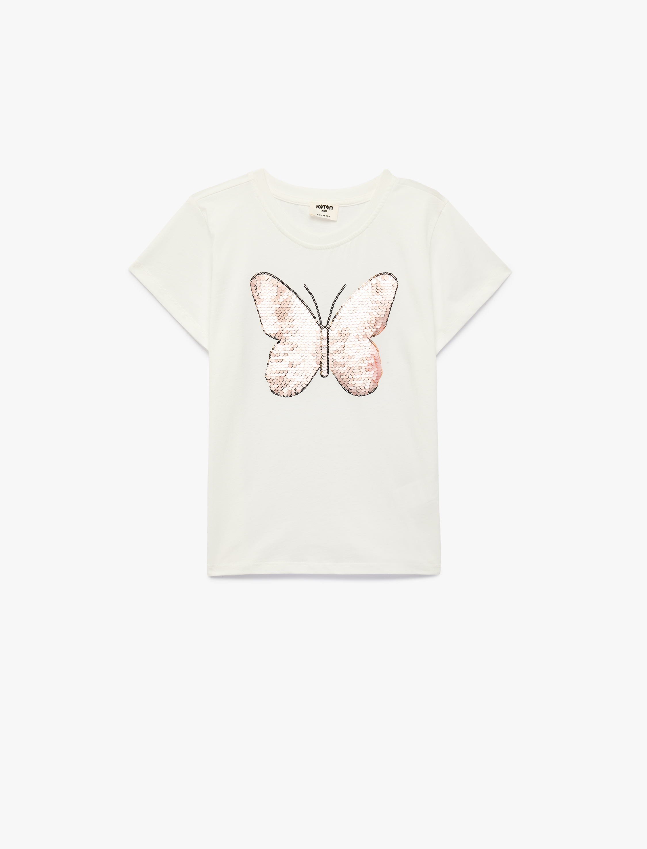  Kız Çocuk Pullu Payetli Kelebek Desenli Kısa Kollu Pamuklu Tişört