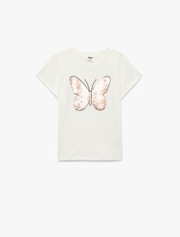 Pullu Payetli Kelebek Desenli Kısa Kollu Pamuklu Tişört
