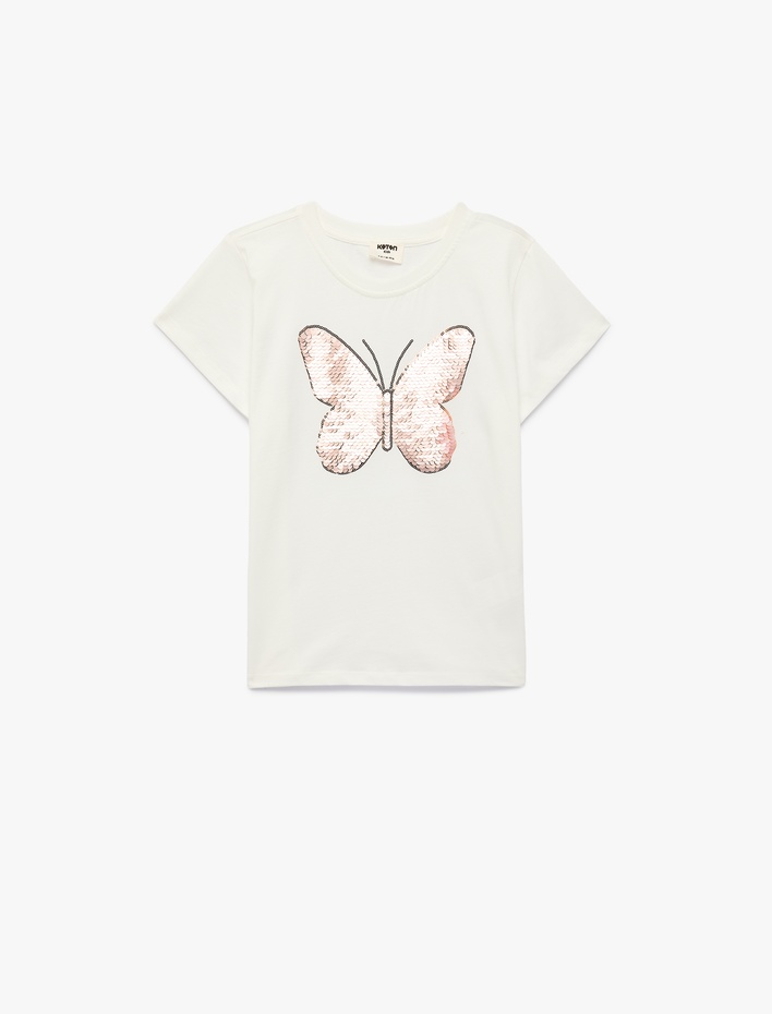 Kız Çocuk Pullu Payetli Kelebek Desenli Kısa Kollu Pamuklu Tişört