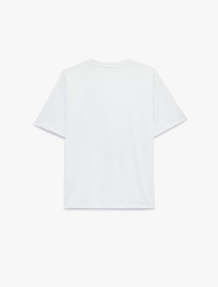  Pamuklu Rahat Kalıp Kısa Kollu Bisiklet Yaka Kedi Baskılı Tişört