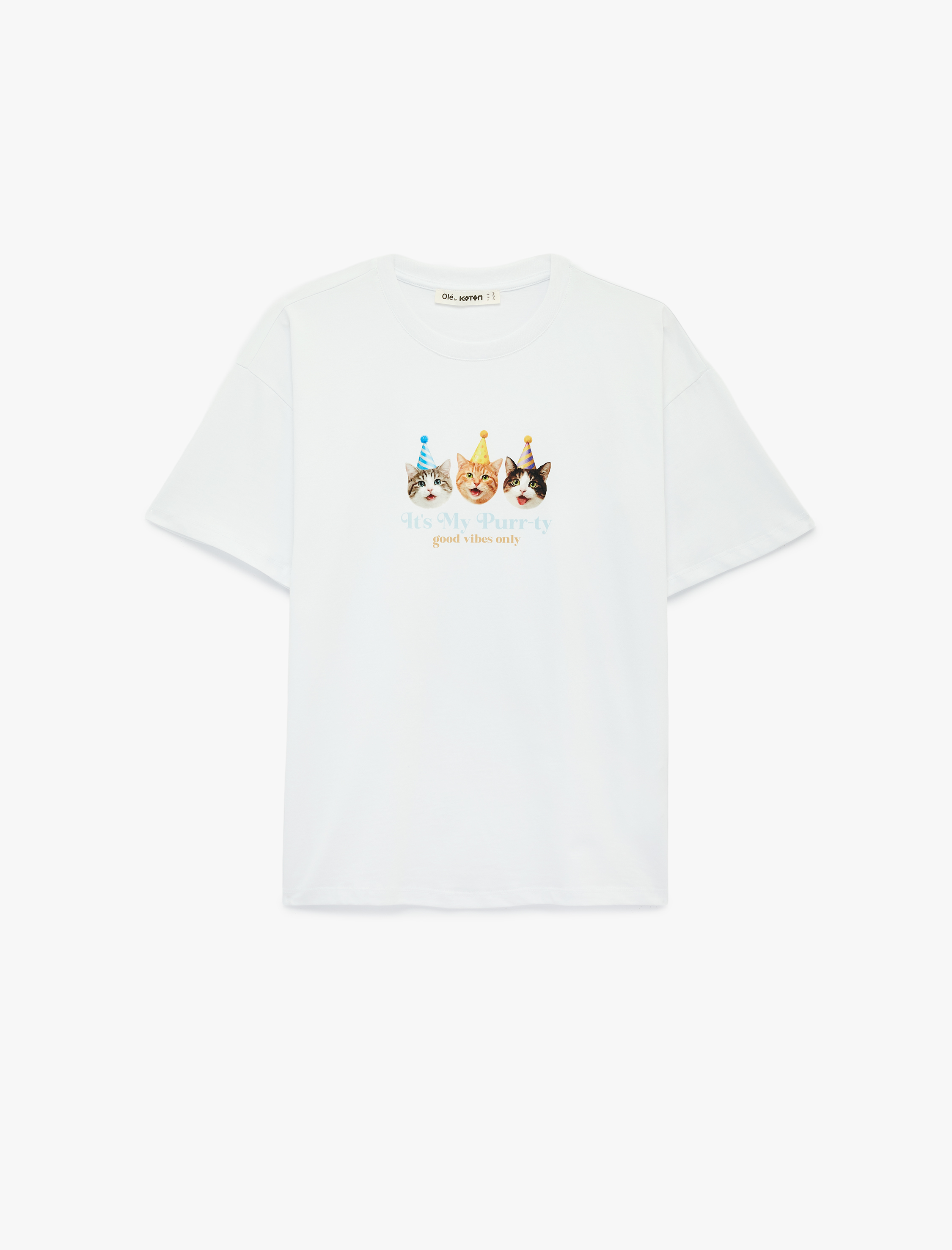   Pamuklu Rahat Kalıp Kısa Kollu Bisiklet Yaka Kedi Baskılı Tişört