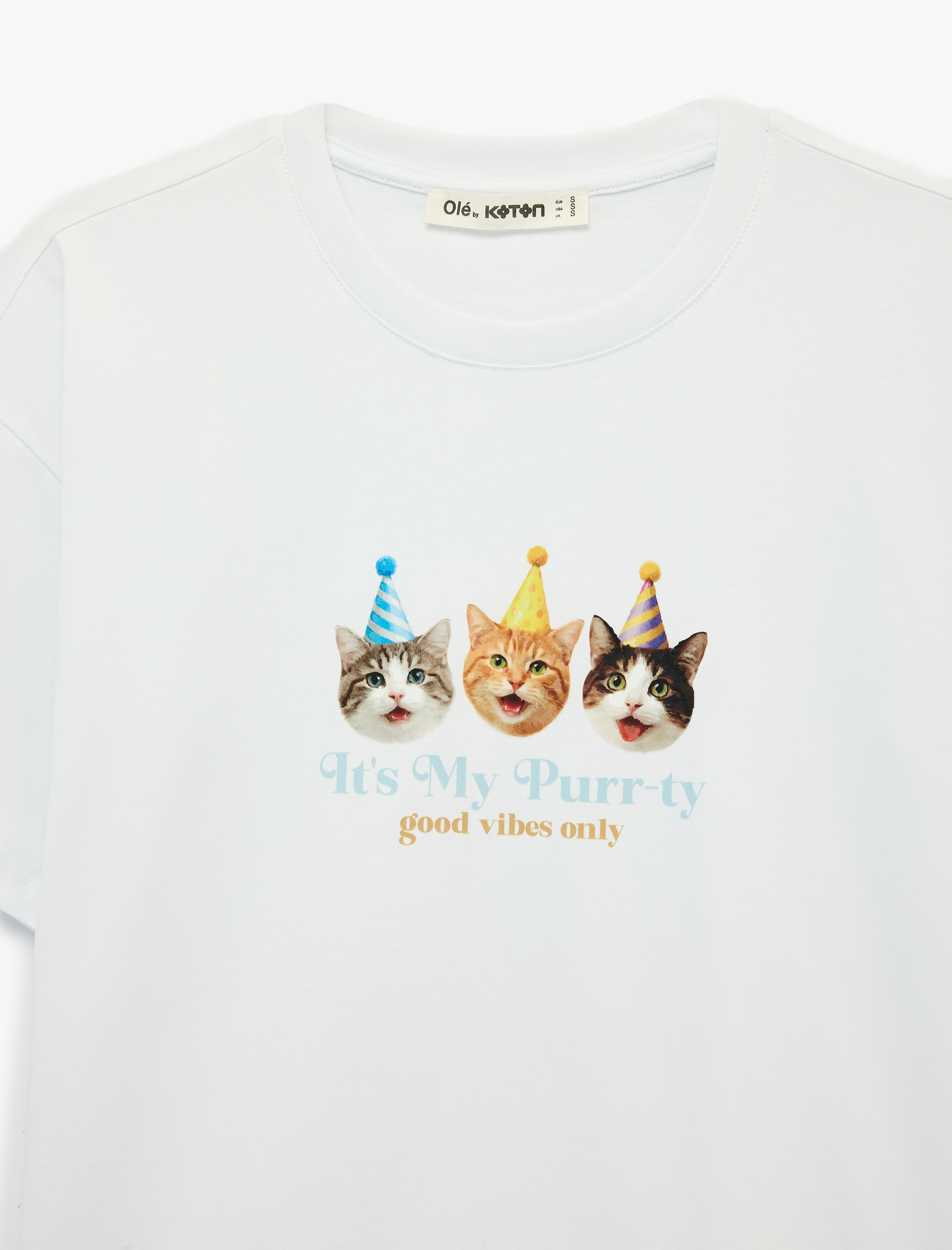   Pamuklu Rahat Kalıp Kısa Kollu Bisiklet Yaka Kedi Baskılı Tişört