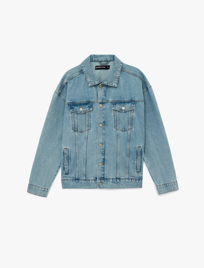  Pamuklu Uzun Kollu Kapaklı Cepli Gömlek Yaka Düğmeli Jean Ceket