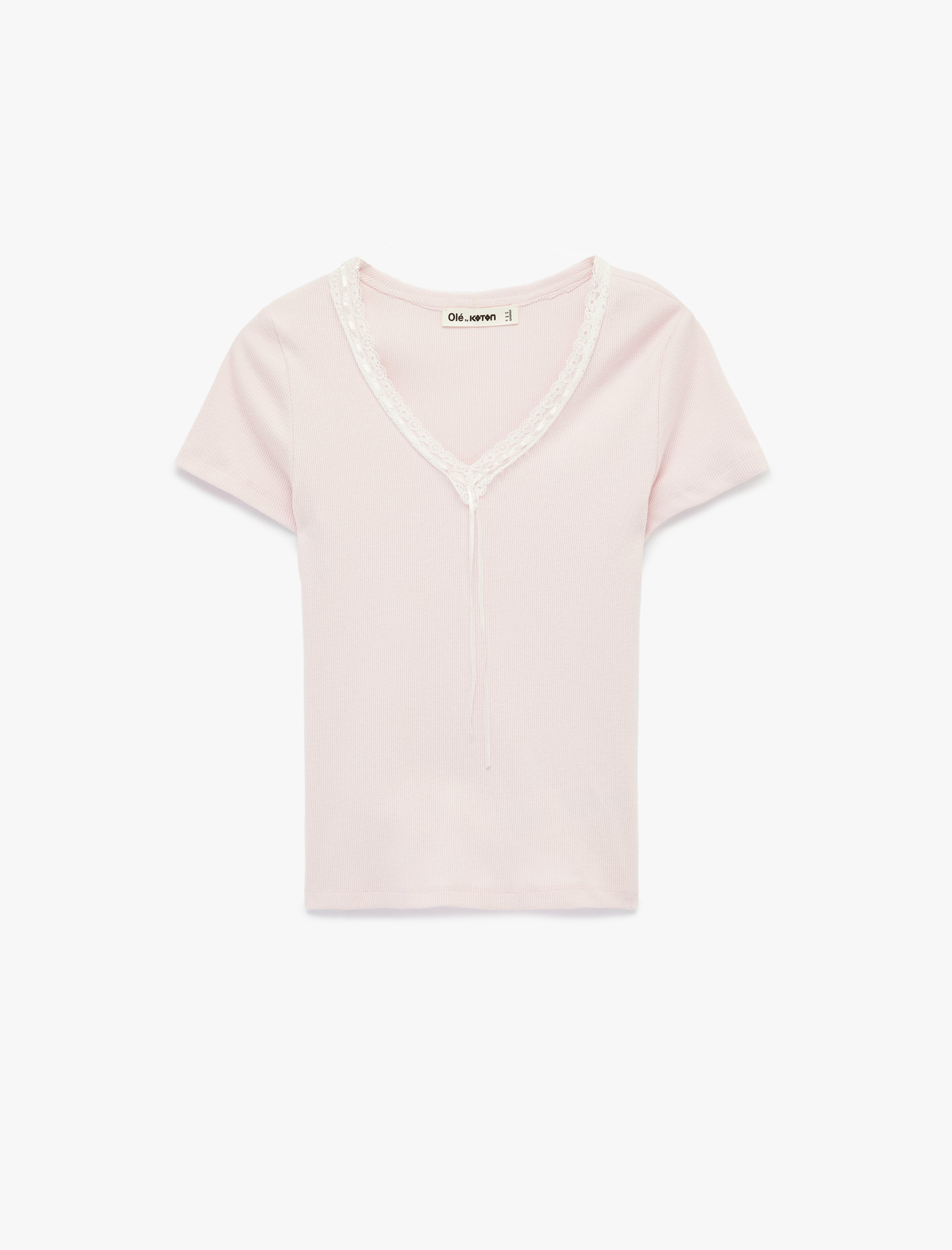   Slim Fit Kısa Kollu Dantel Detaylı Fiyonklu V Yaka Tişört