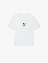 Rahat Kalıp Kısa Kollu Köpek Nakışlı Bisiklet Yaka Pamuklu Tişört