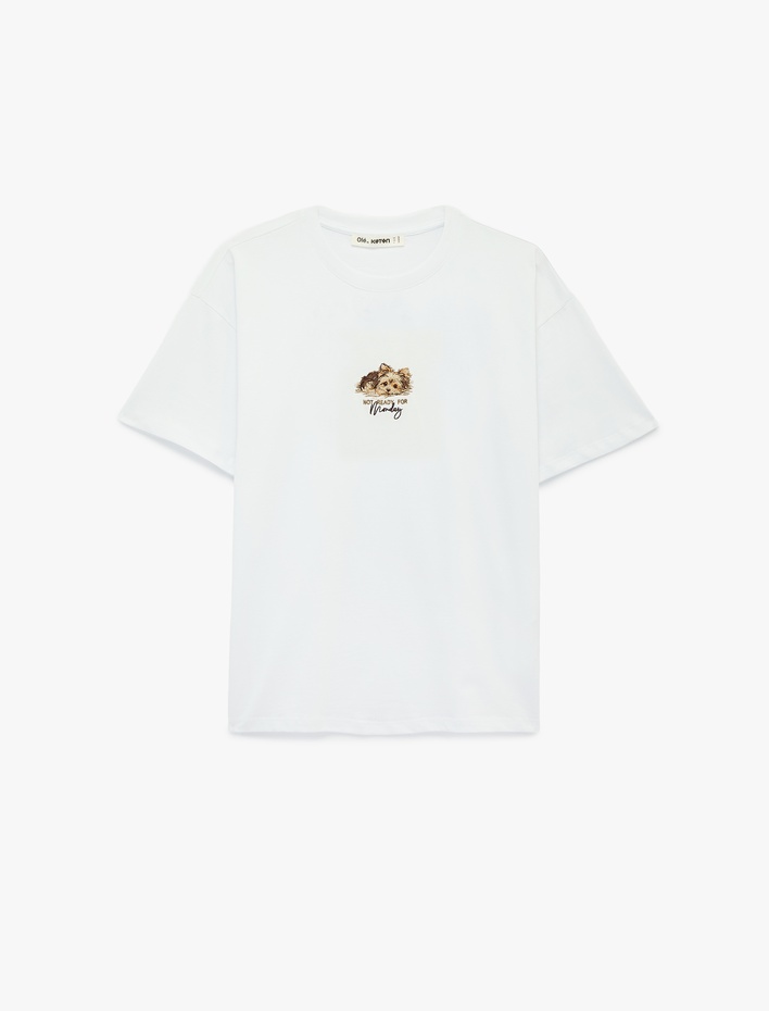  Rahat Kalıp Kısa Kollu Köpek Nakışlı Bisiklet Yaka Pamuklu Tişört