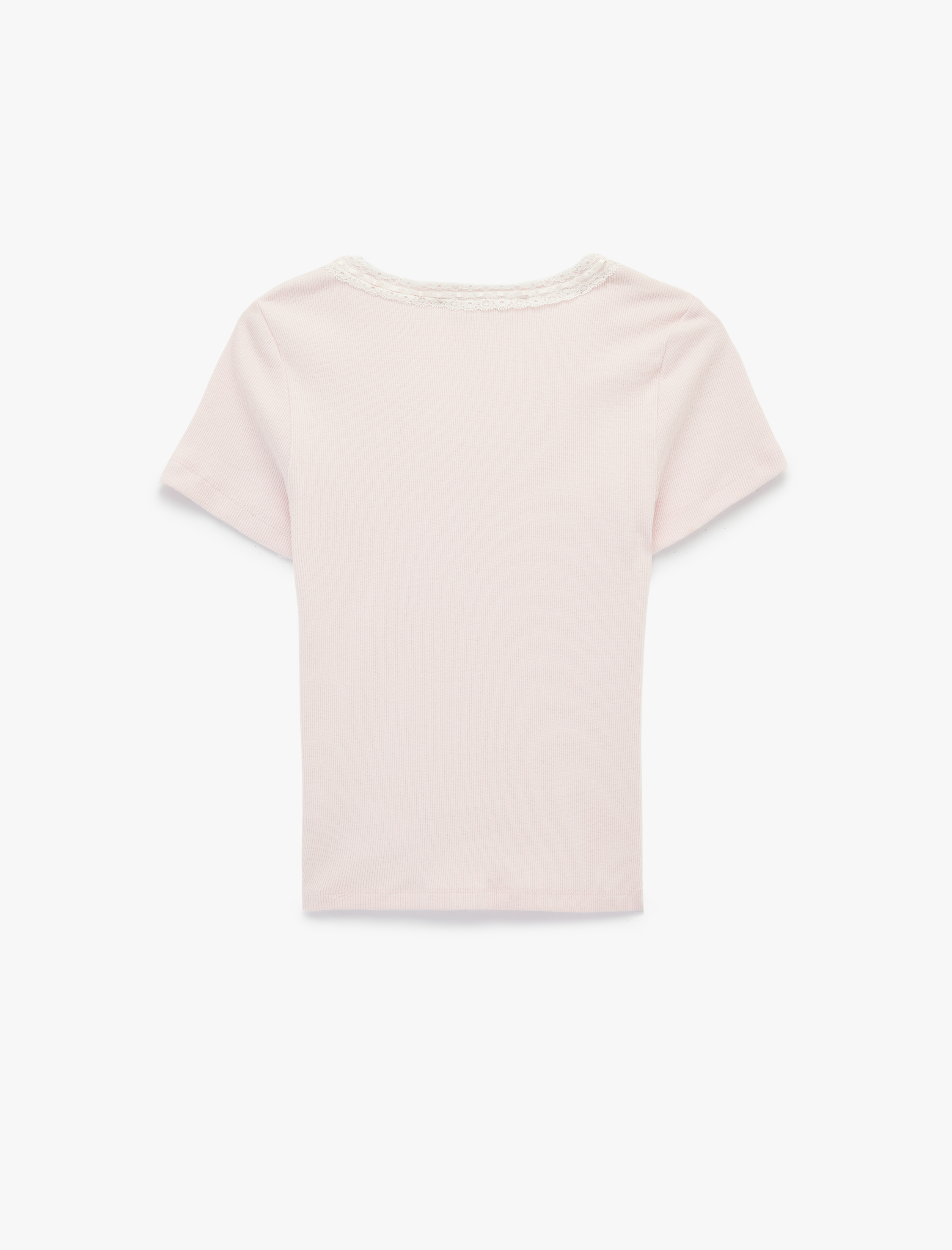   Slim Fit Kısa Kollu Dantel Detaylı Fiyonklu V Yaka Tişört