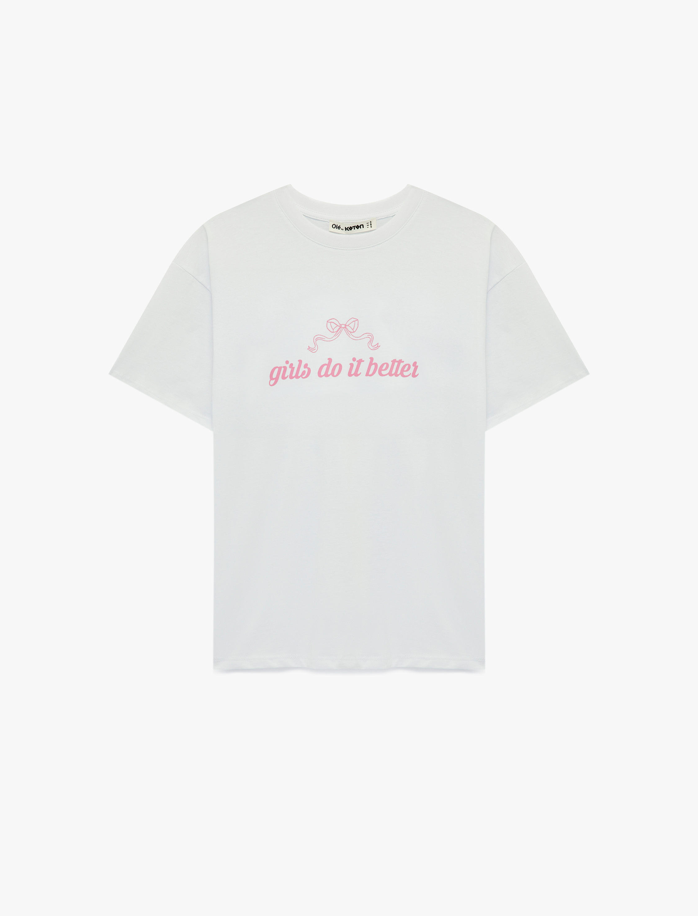   Rahat Kalıp Kısa Kollu Bisiklet Yaka Pamuklu Fiyonk Baskılı Tişört