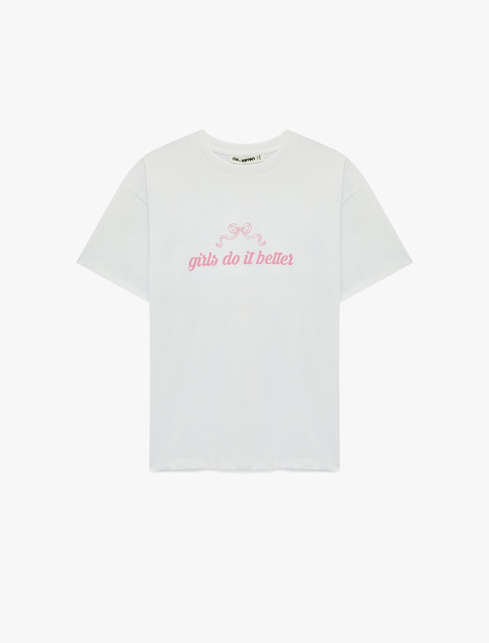  Rahat Kalıp Kısa Kollu Bisiklet Yaka Pamuklu Fiyonk Baskılı Tişört