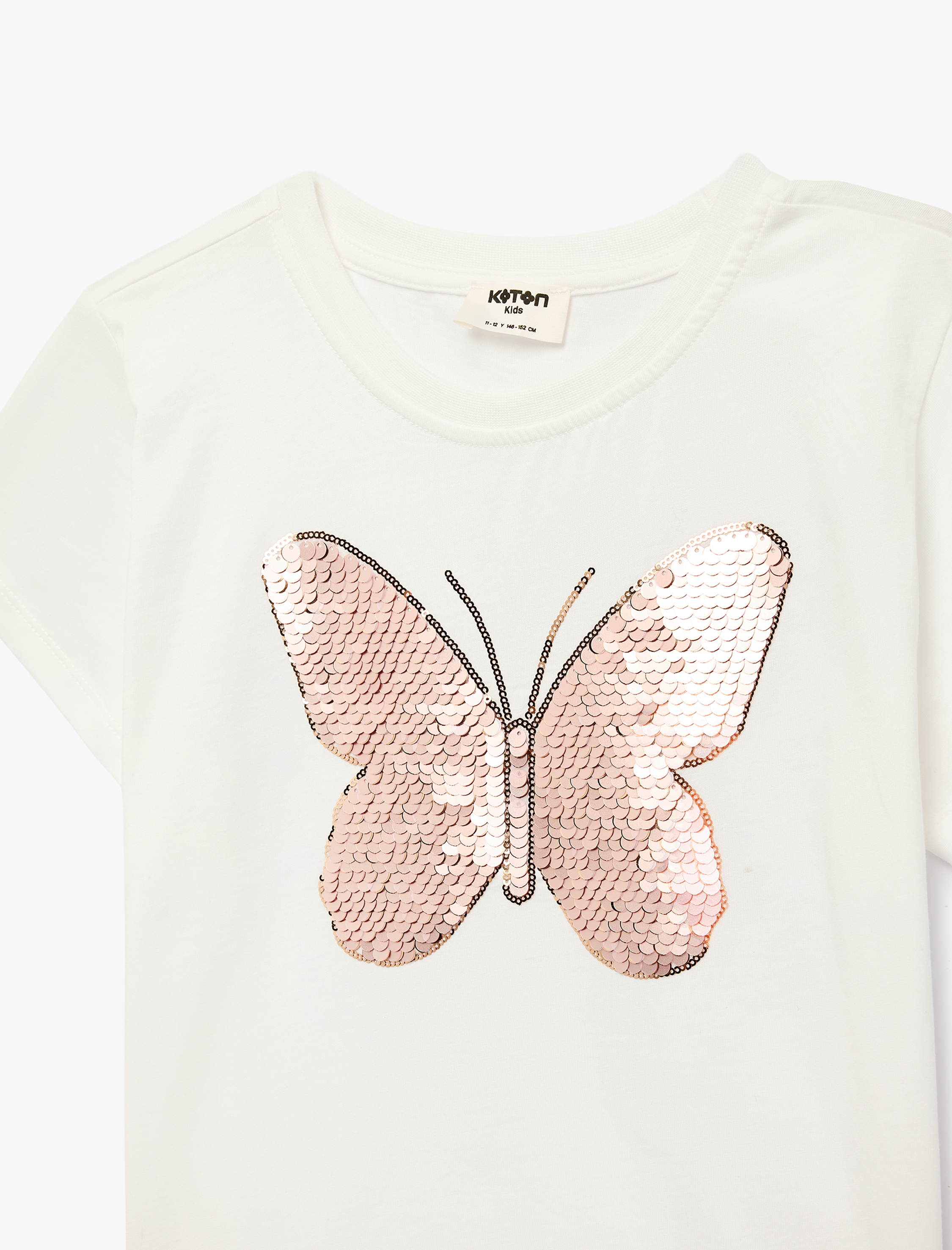  Kız Çocuk Pullu Payetli Kelebek Desenli Kısa Kollu Pamuklu Tişört