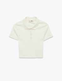 Kısa Kollu Düğmeli Slim Fit Crop Polo Yaka Tişört