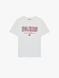 Rahat Kalıp Kısa Kollu Bisiklet Yaka Kiraz Nakışlı Tişört