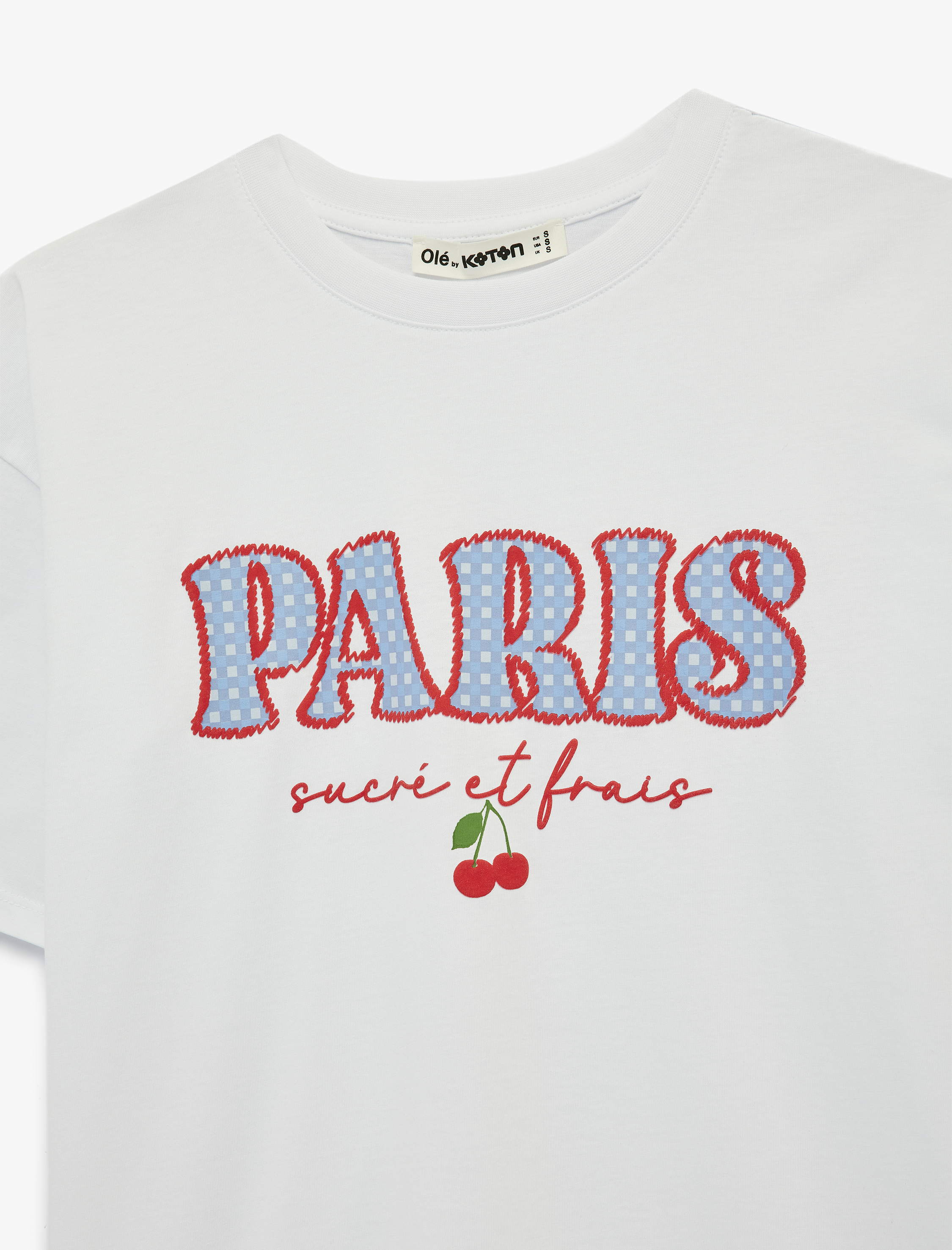   Rahat Kalıp Kısa Kollu Bisiklet Yaka Kiraz Nakışlı Tişört