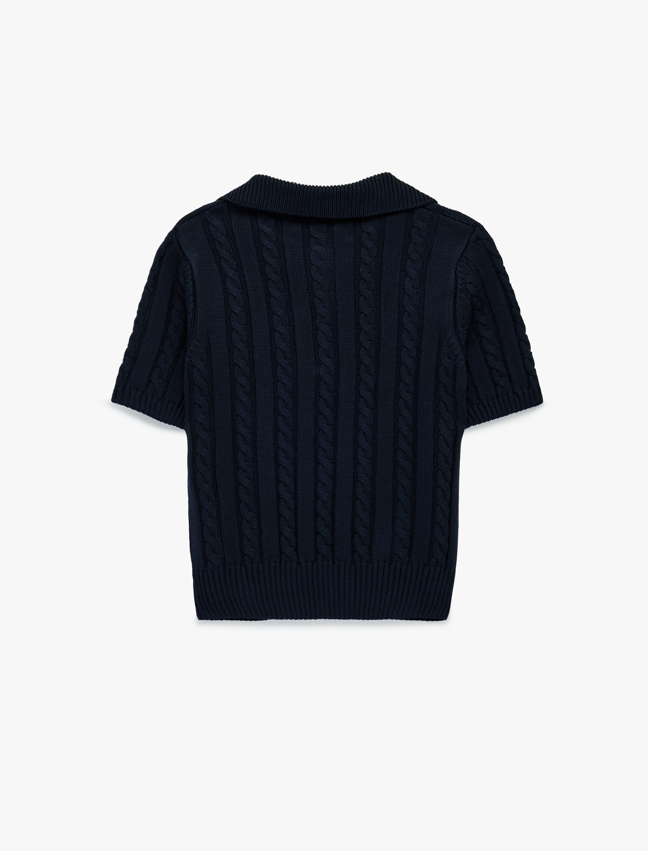   Saç Örgüsü Desenli Kısa Kollu Triko Polo Yaka Kazak