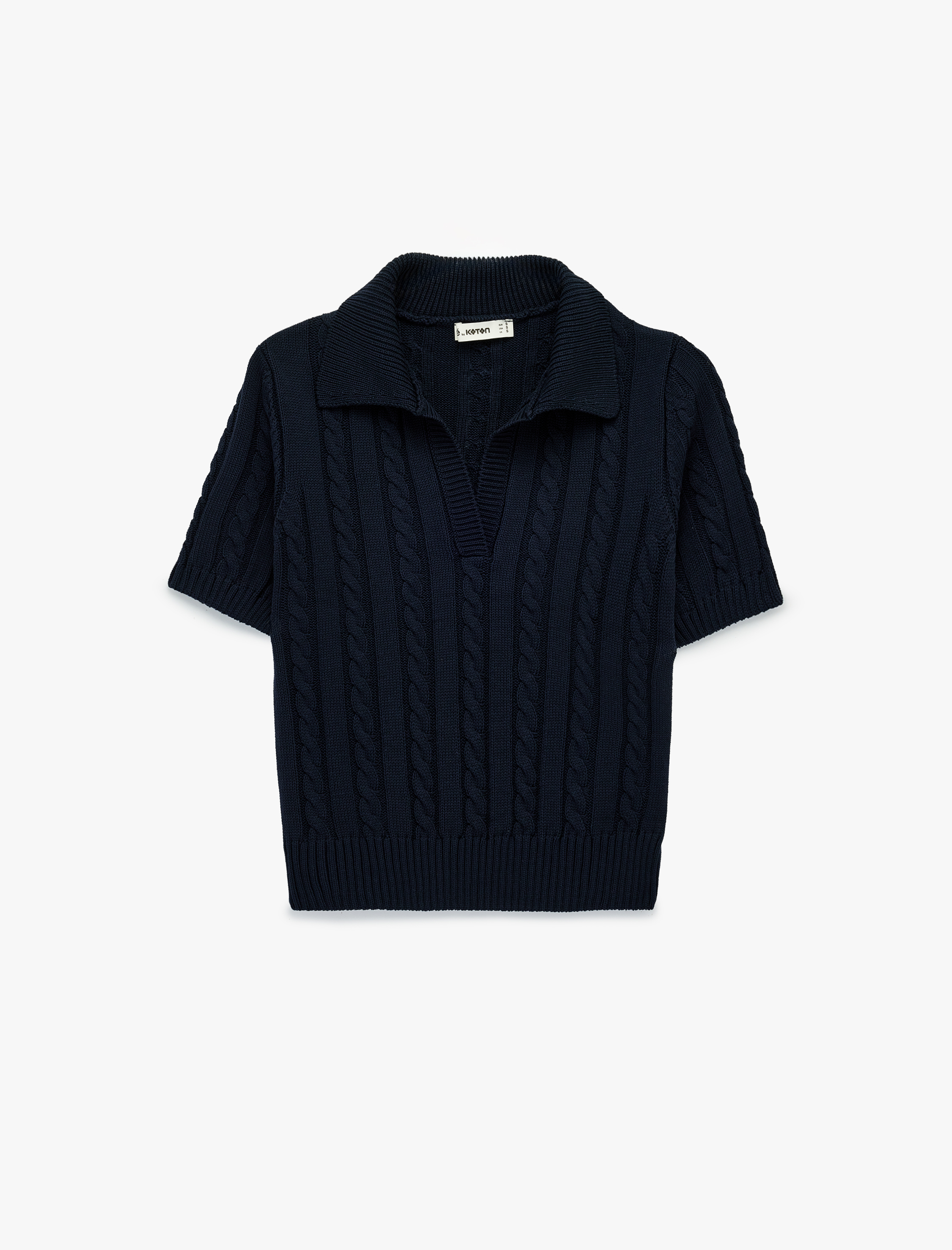   Saç Örgüsü Desenli Kısa Kollu Triko Polo Yaka Kazak