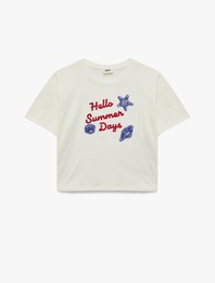 Pullu Payetli Bisiklet Yaka Kısa Kollu Pamuklu Tişört