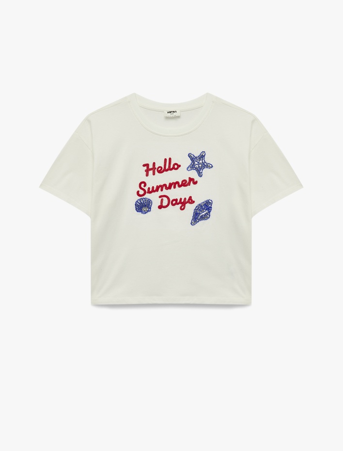 Kız Çocuk Pullu Payetli Bisiklet Yaka Kısa Kollu Pamuklu Tişört