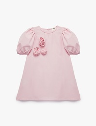 Pamuklu Balon Kollu Bisiklet Yaka Çiçekli Elbise