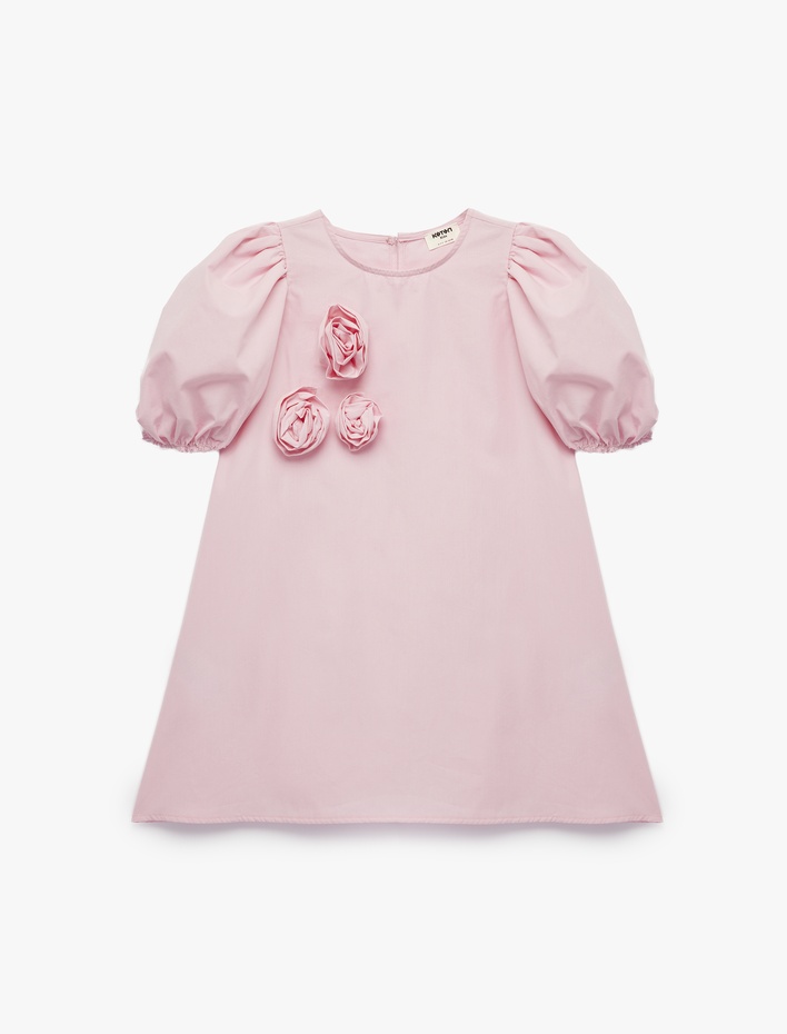 Kız Çocuk Pamuklu Balon Kollu Bisiklet Yaka Çiçekli Elbise