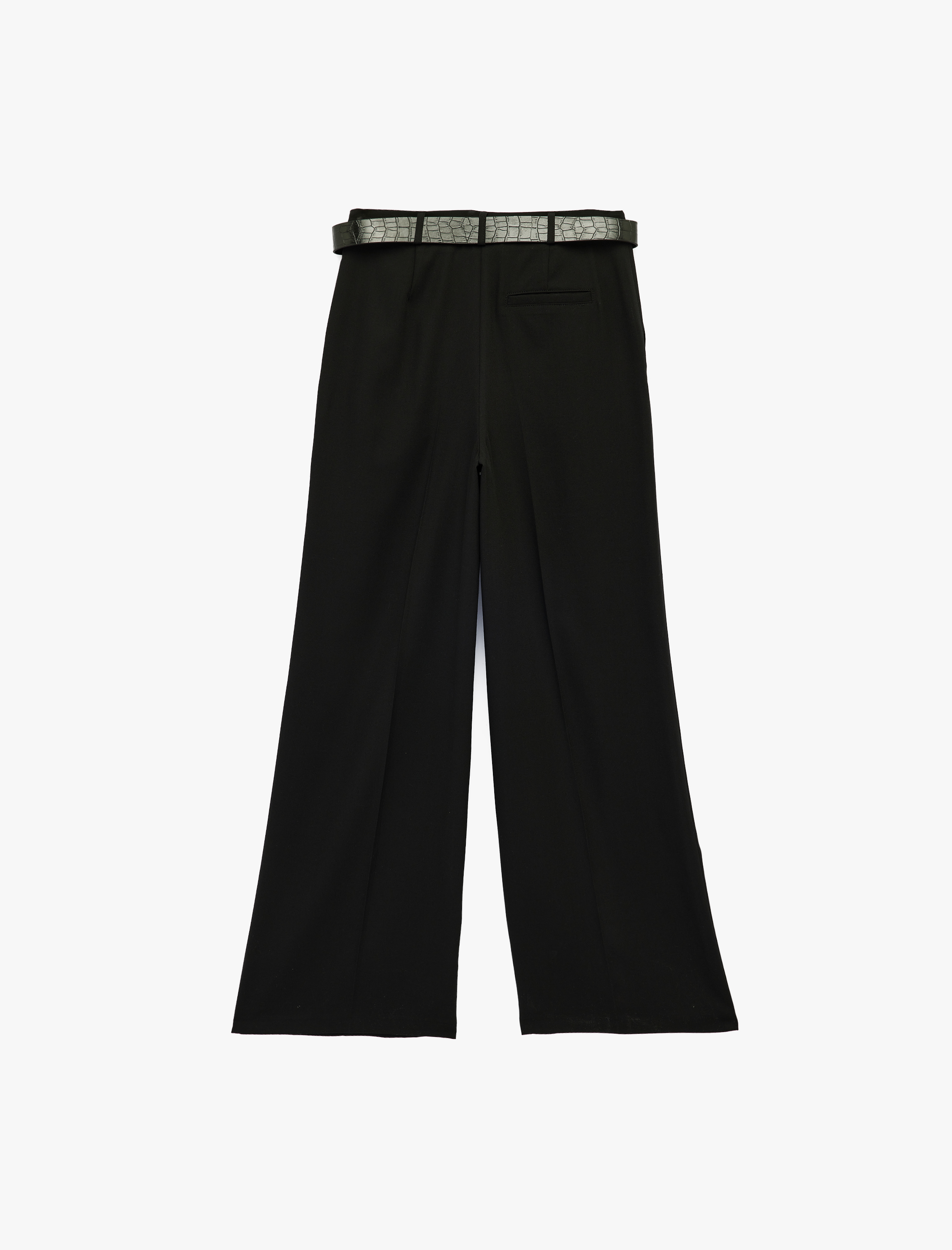   Yüksek Bel Cepli Kemer Detaylı Viskon Karışımlı Geniş Paça Pantolon