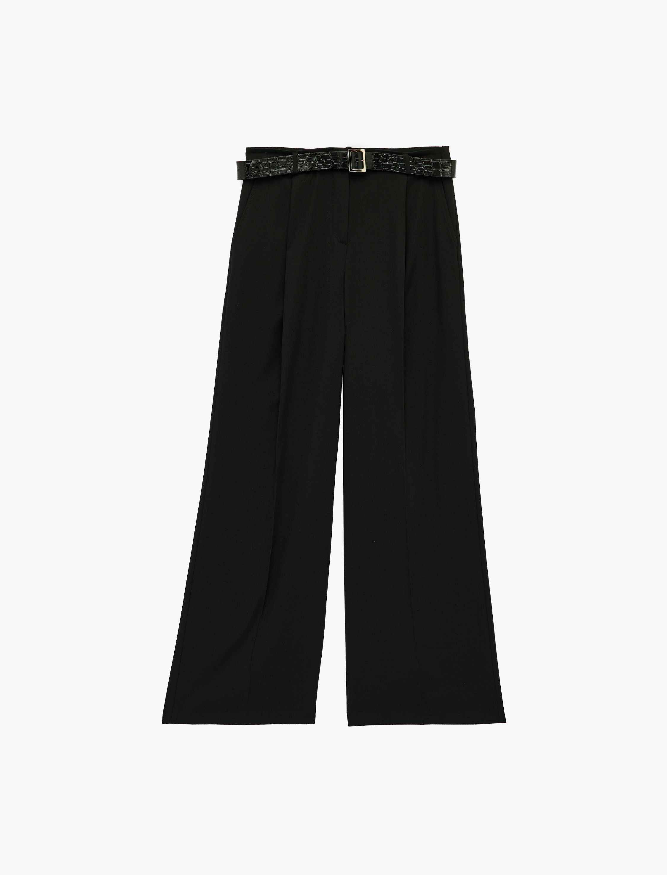   Yüksek Bel Cepli Kemer Detaylı Viskon Karışımlı Geniş Paça Pantolon