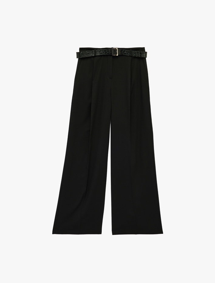  Yüksek Bel Cepli Kemer Detaylı Viskon Karışımlı Geniş Paça Pantolon