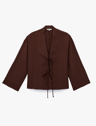 Kruvaze Önden Bağlama Detaylı Geniş 3/4 Kol Modal Oversize Kimono Ceket