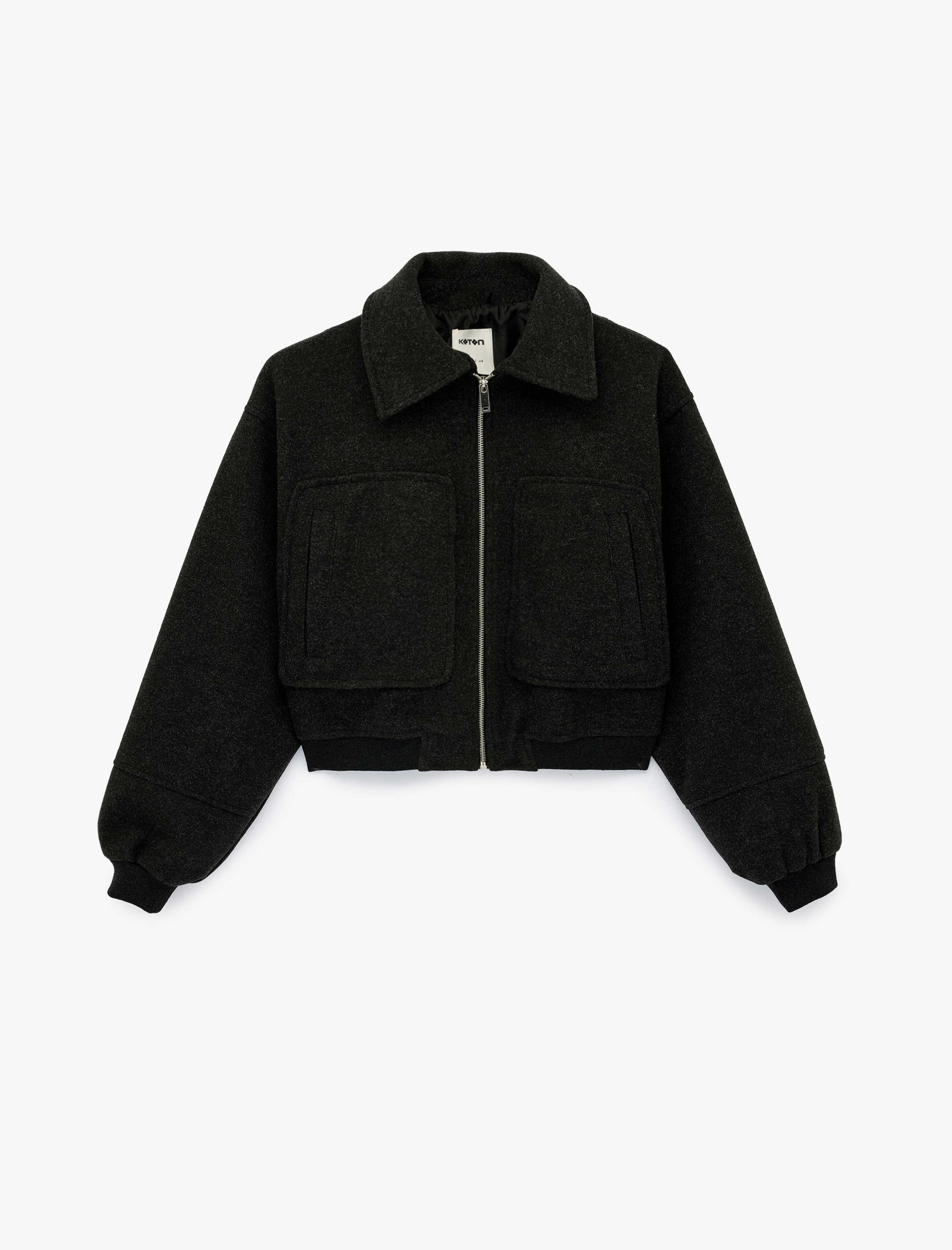   Fermuarlı Uzun Kollu Crop Bomber Kaşe Ceket