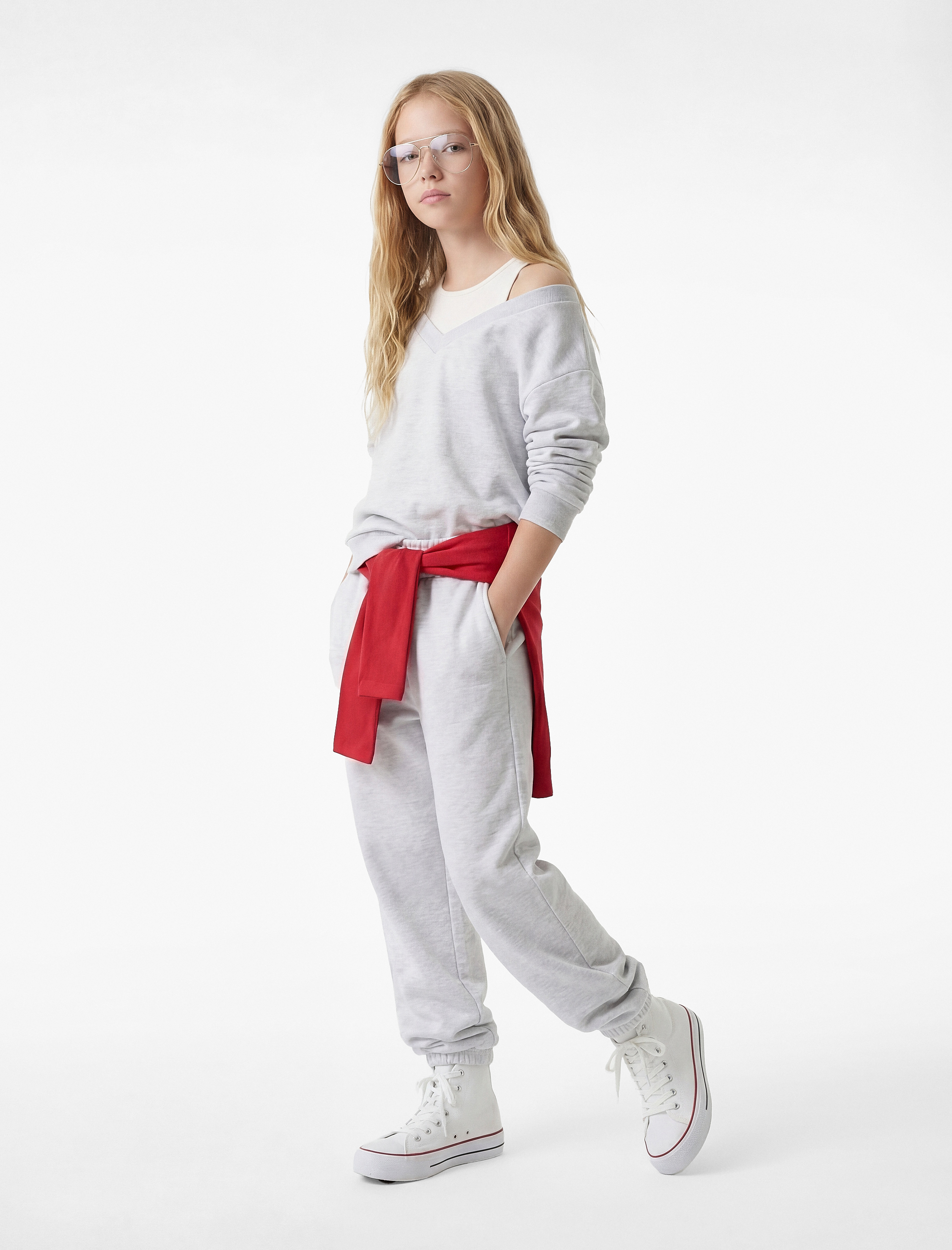  Kız Çocuk Çift Yakalı Pamuk Karışımlı Uzun Kollu Bisiklet Yaka Sweatshirt