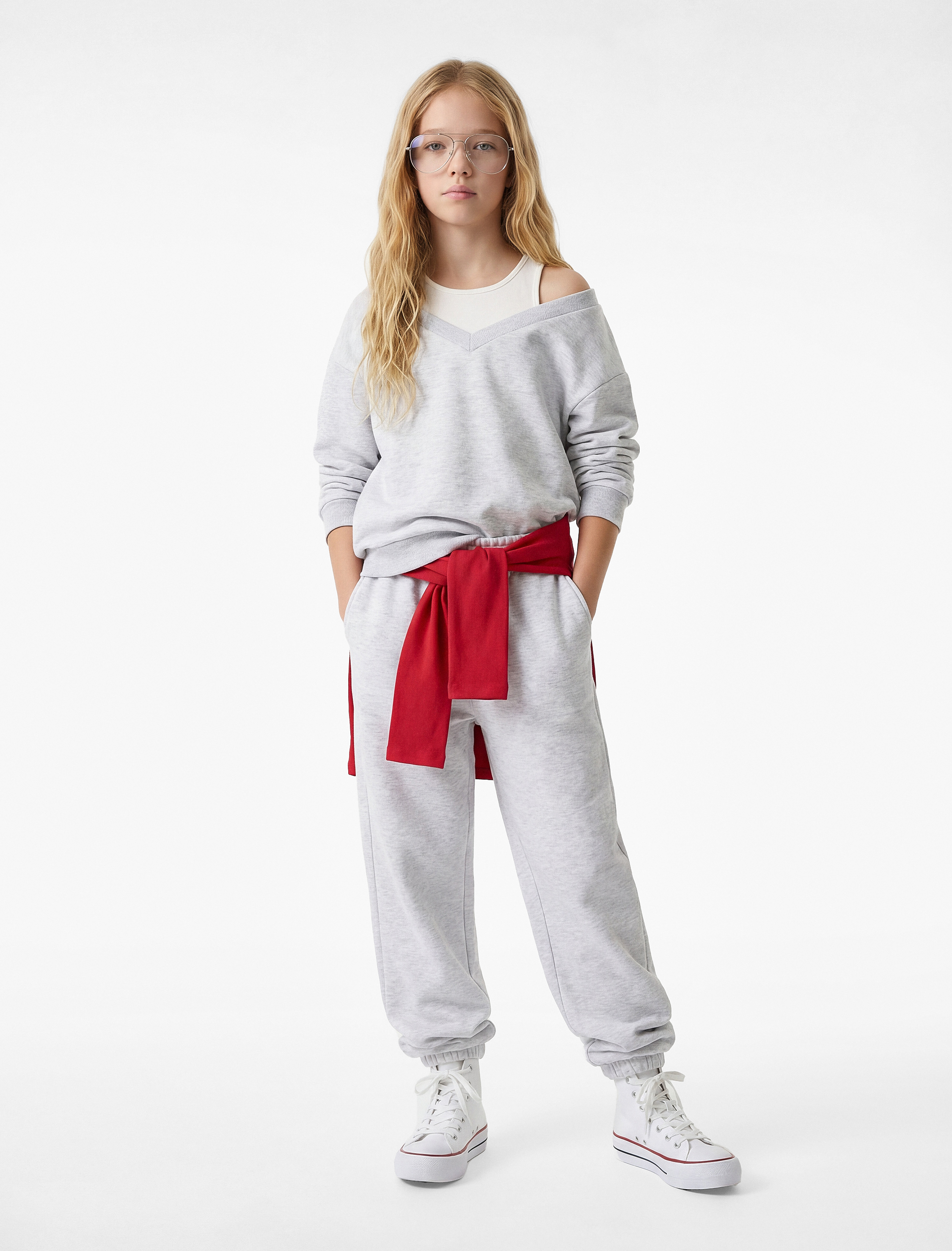  Kız Çocuk Çift Yakalı Pamuk Karışımlı Uzun Kollu Bisiklet Yaka Sweatshirt