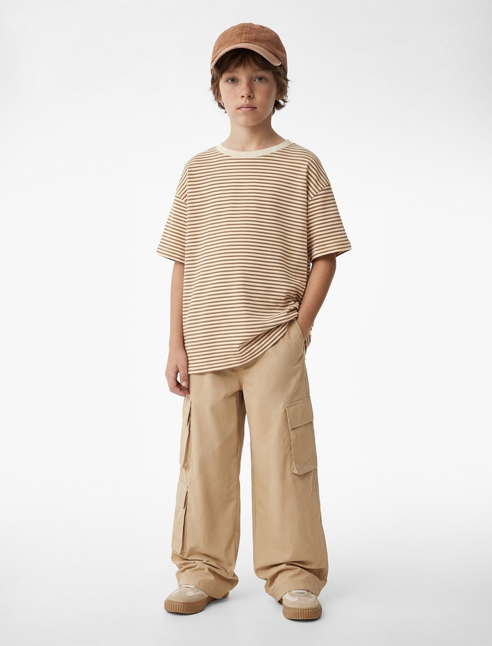 Erkek Çocuk Kısa Kollu Bisiklet Yaka Pamuklu Oversize Çizgili Tişört