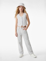 Pamuklu Kolsuz V Yaka Çizgili Denim Yelek