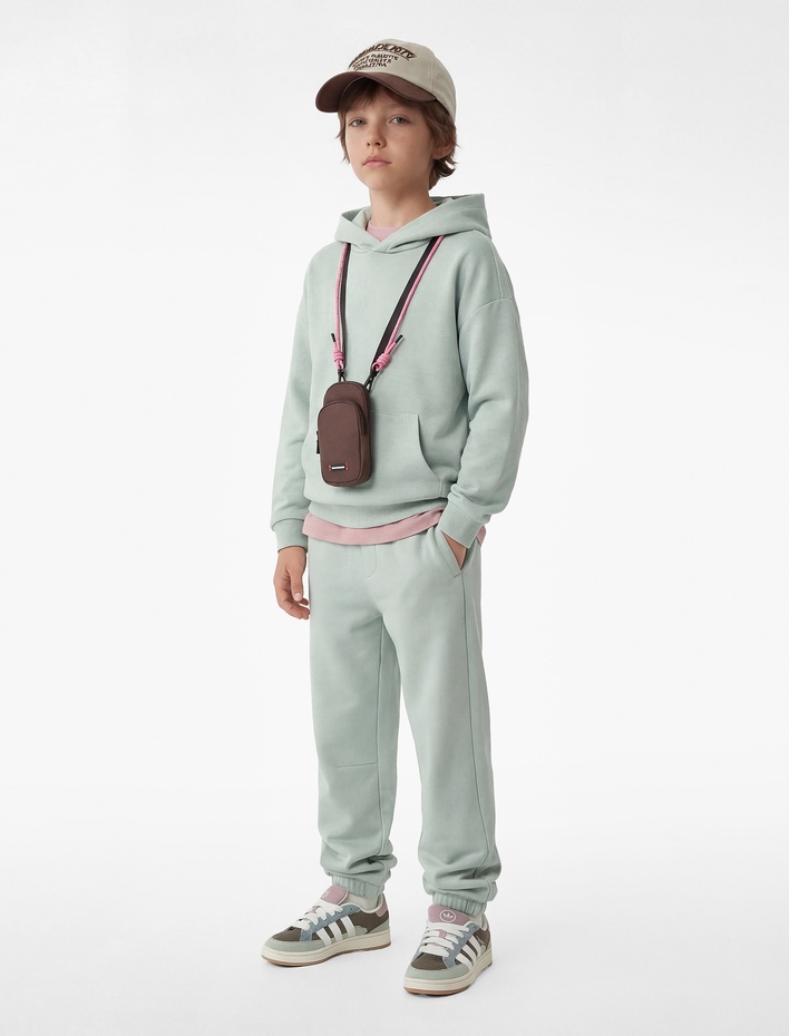 Erkek Çocuk Kanguru Cepli Uzun Kollu Oversize Basic Kapşonlu Sweatshirt