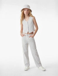 Pamuklu Cepli Geniş Paça Çizgili Denim Pantolon