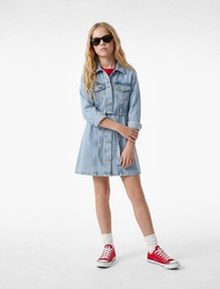 Uzun Kollu Gömlek Yaka Cepli Kemerli Denim Elbise