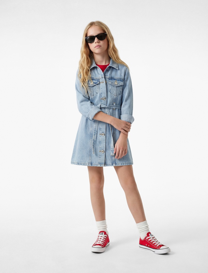 Kız Çocuk Uzun Kollu Gömlek Yaka Cepli Kemerli Denim Elbise